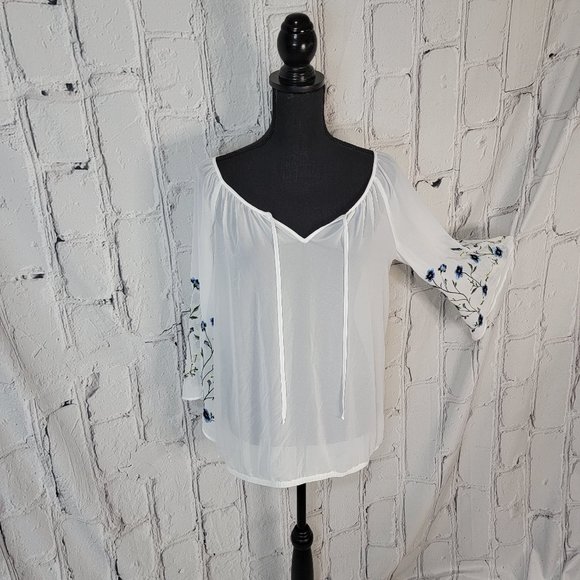 Alyx Tops - Alyx White chiffon 3/4 Sleeve top with floral embroidered bell sleeve | Medium